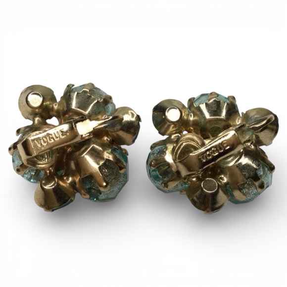 Vintage Signed VOGUE Cluster Earrings - Gold Tone, Blue & AB Rhinestones - Picture 8 of 11